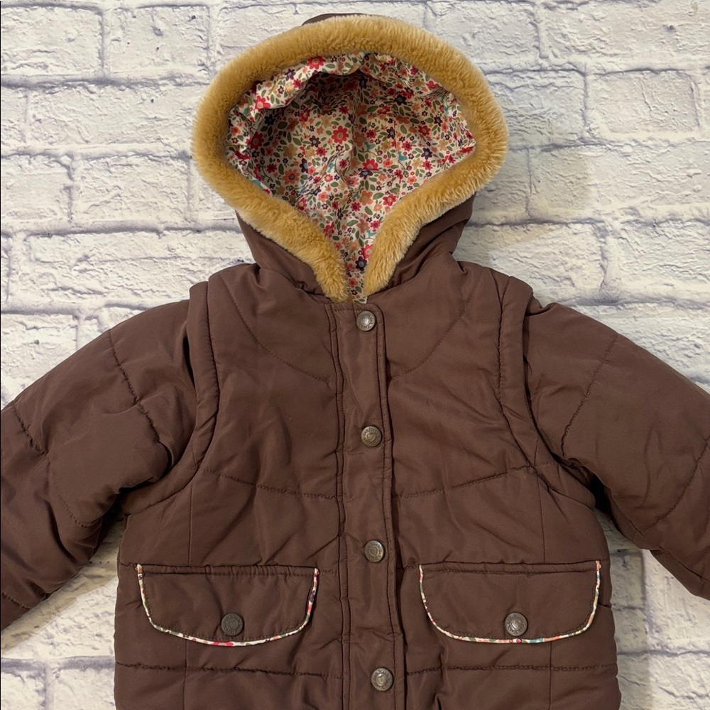 Oshkosh Reversible Convertible Puffer Jacket Vest Brown Pink Floral Girls Size 6
